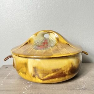 Vintage Drip Glaze Covered Casserole Dish Yellow‎ Brown Studio Pottery